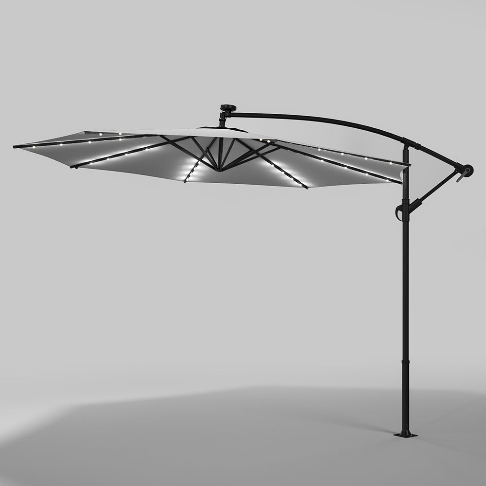 Light Grey 3m Iron Banana Umbrella Cantilever Garden Parasols with LED Lights