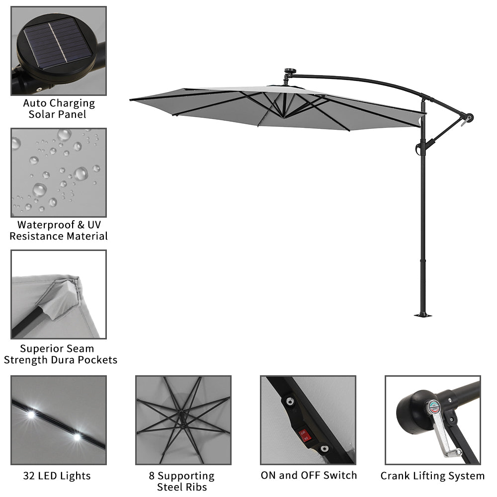 Light Grey 3m Iron Banana Umbrella Cantilever Garden Parasols with LED Lights