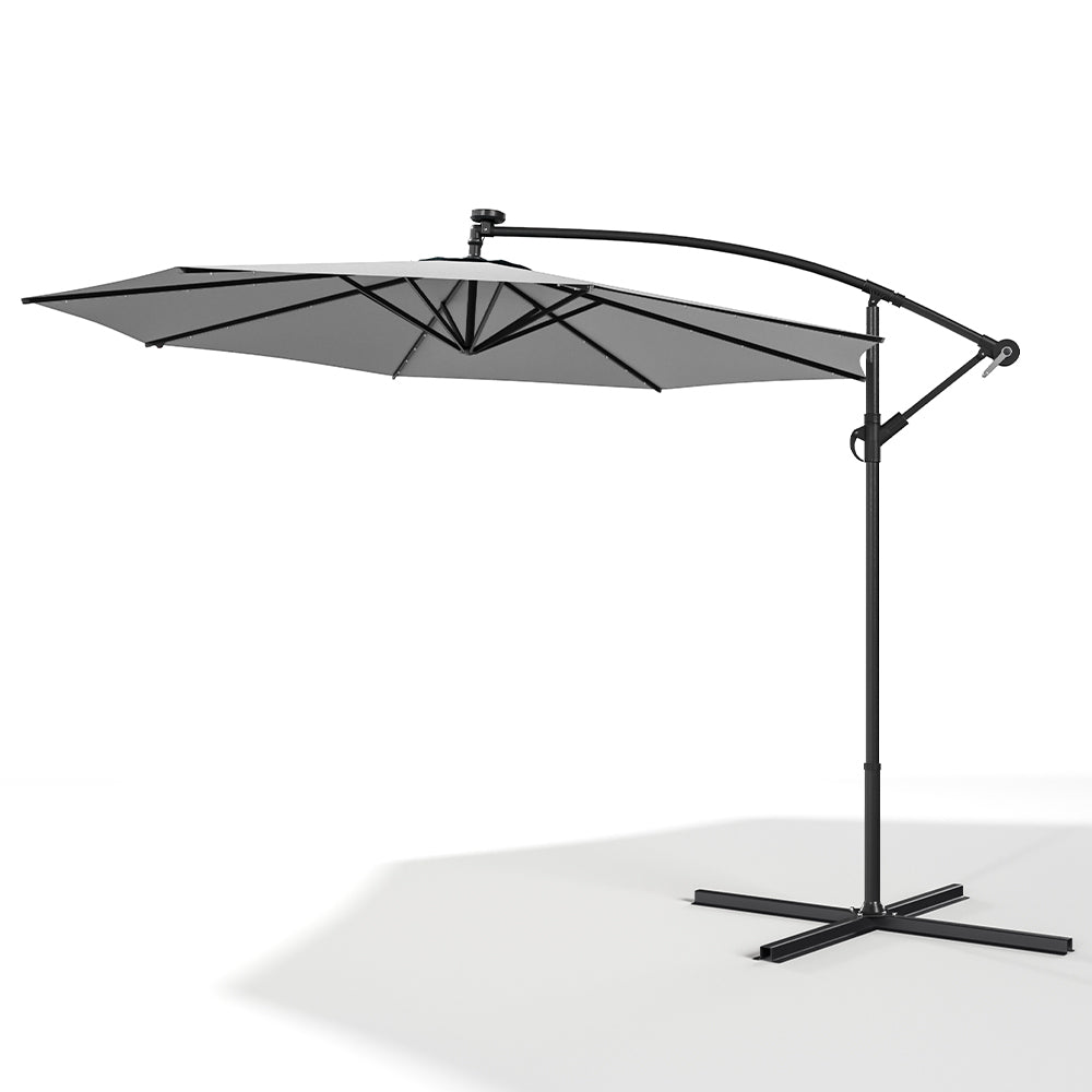 Light Grey 3m Iron Banana Umbrella Cantilever Garden Parasols with LED Lights