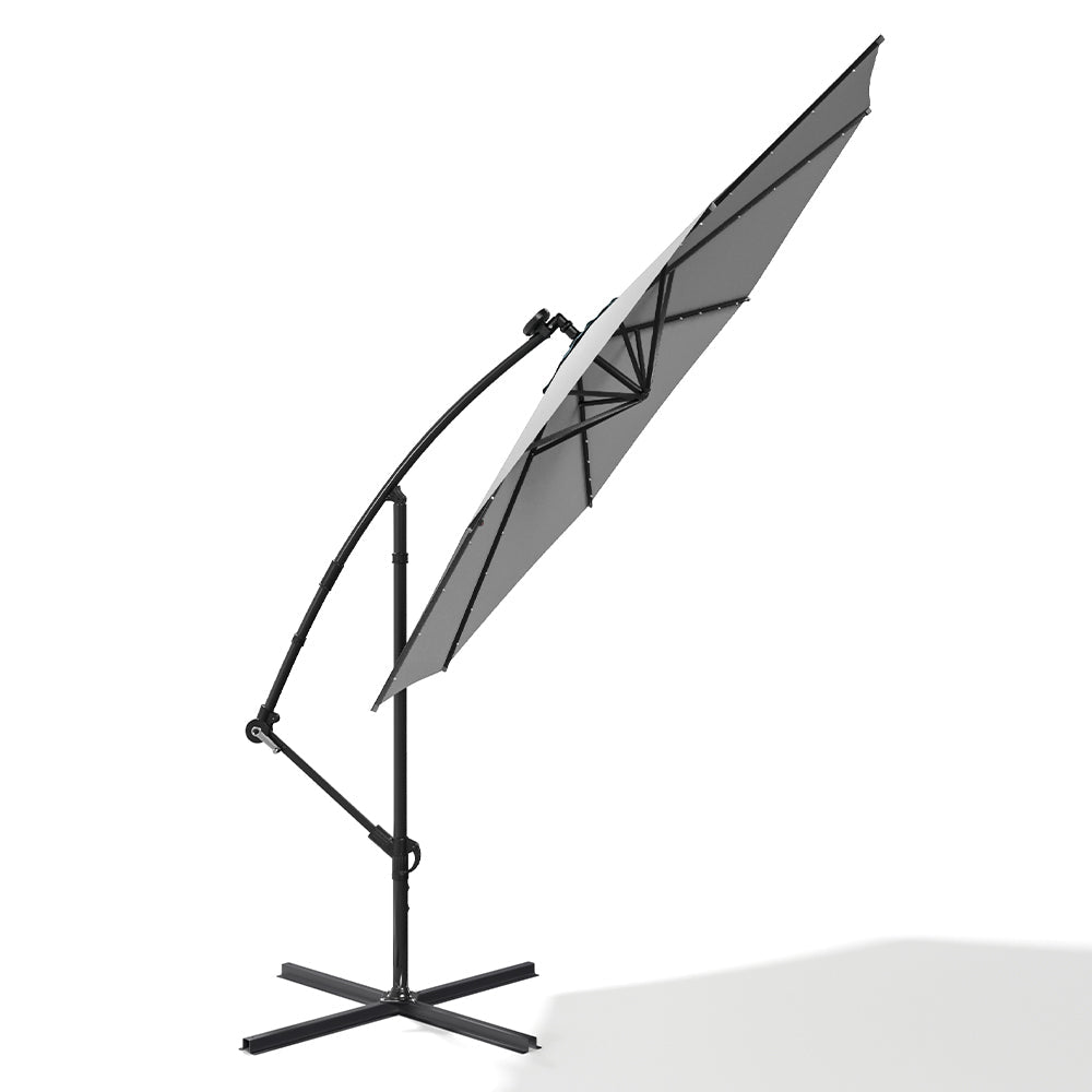 Light Grey 3m Iron Banana Umbrella Cantilever Garden Parasols with LED Lights