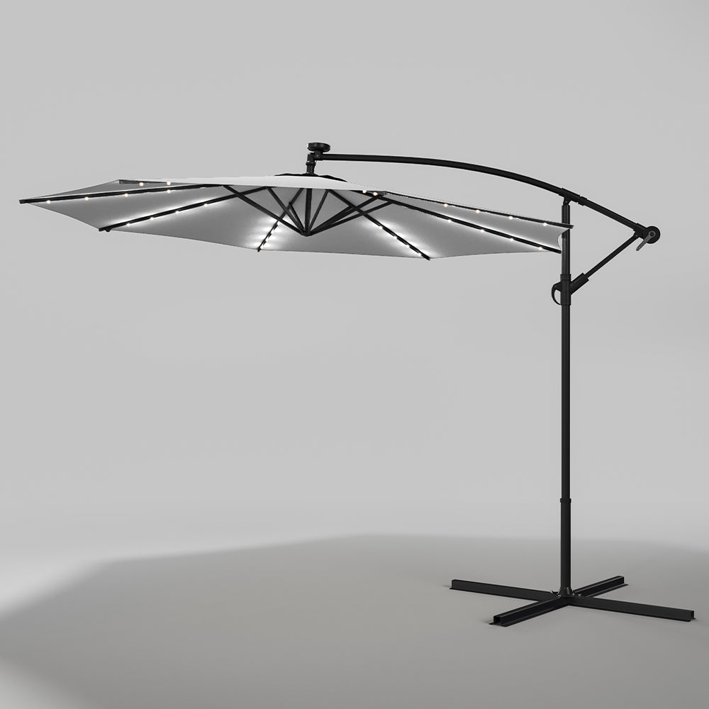 Light Grey 3m Iron Banana Umbrella Cantilever Garden Parasols with LED Lights
