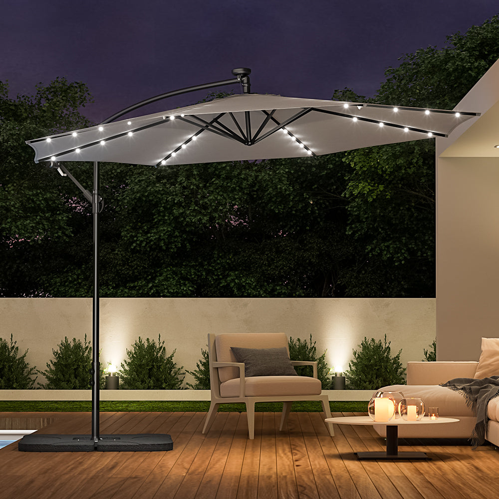 Light Grey 3m Iron Banana Umbrella Cantilever Garden Parasols with LED Lights