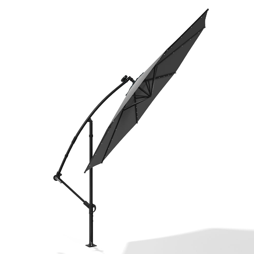 Ciemnoszary 3m żelazny parasol bananowy, parasol ogrodowy z wysięgnikiem i oświetleniem LED