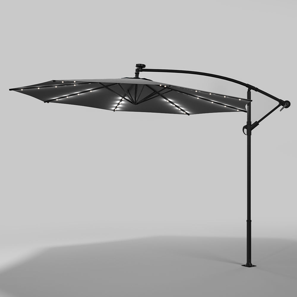 Ciemnoszary 3m żelazny parasol bananowy, parasol ogrodowy z wysięgnikiem i oświetleniem LED
