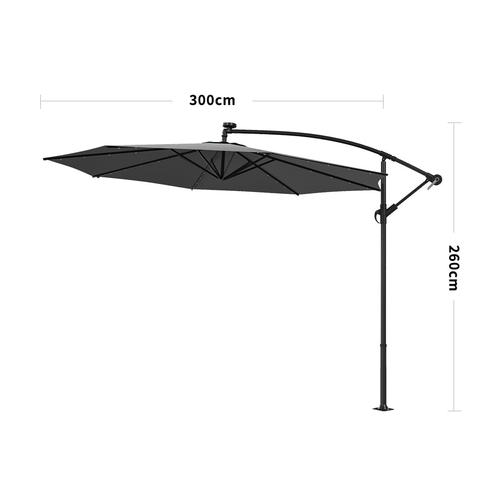Ciemnoszary 3m żelazny parasol bananowy, parasol ogrodowy z wysięgnikiem i oświetleniem LED
