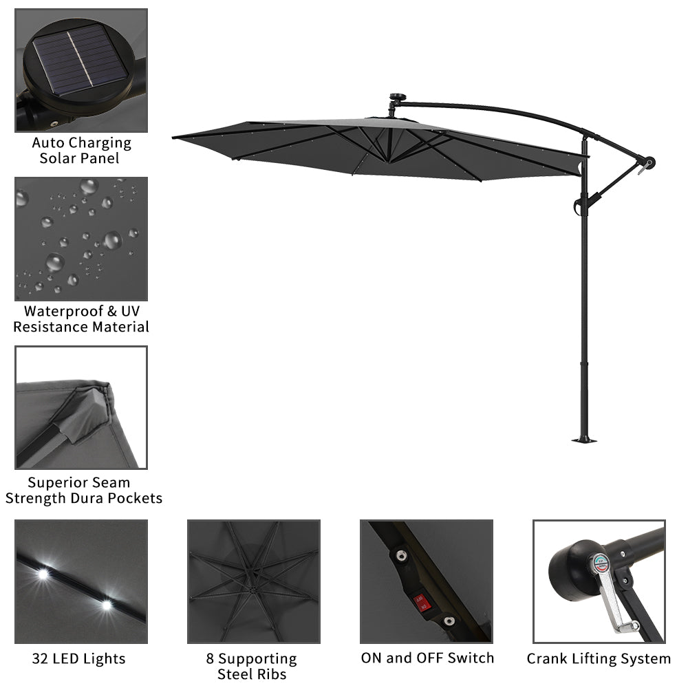 Ciemnoszary 3m żelazny parasol bananowy, parasol ogrodowy z wysięgnikiem i oświetleniem LED