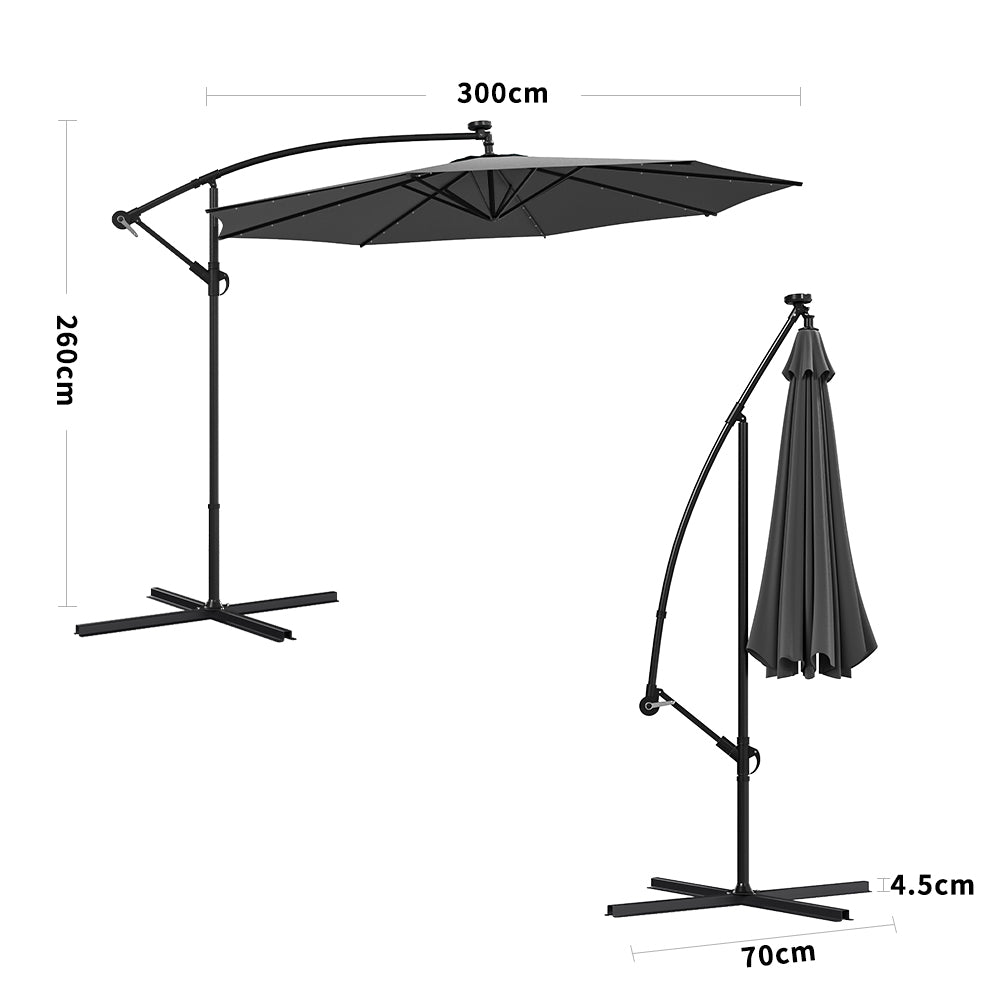 Ciemnoszary 3m żelazny parasol bananowy, parasol ogrodowy z wysięgnikiem i oświetleniem LED