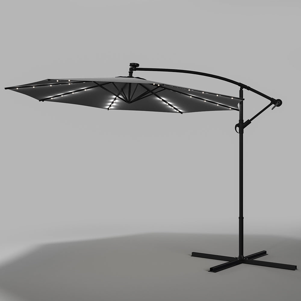Ciemnoszary 3m żelazny parasol bananowy, parasol ogrodowy z wysięgnikiem i oświetleniem LED