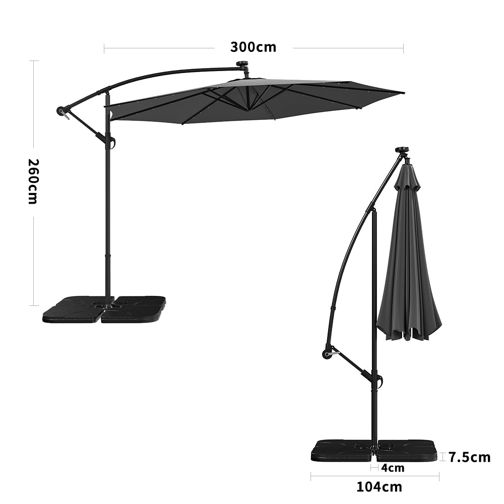 Ciemnoszary 3m żelazny parasol bananowy, parasol ogrodowy z wysięgnikiem i oświetleniem LED