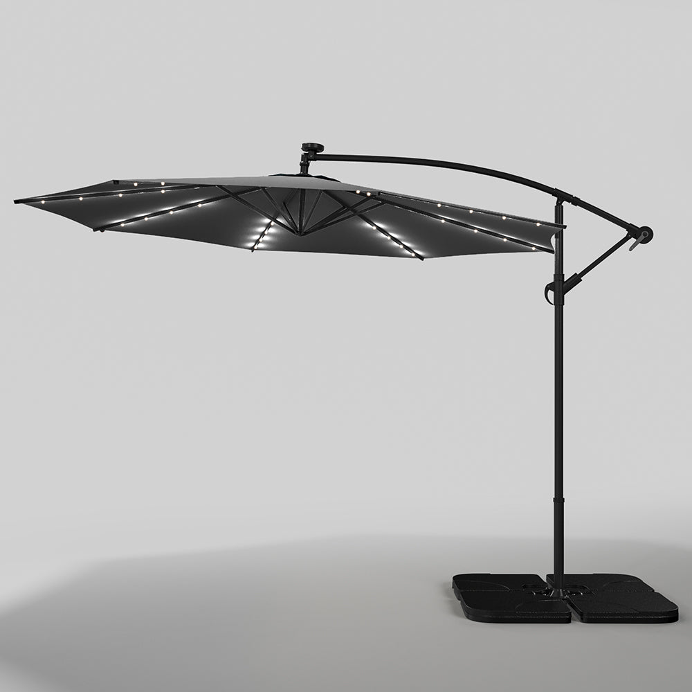Ciemnoszary 3m żelazny parasol bananowy, parasol ogrodowy z wysięgnikiem i oświetleniem LED