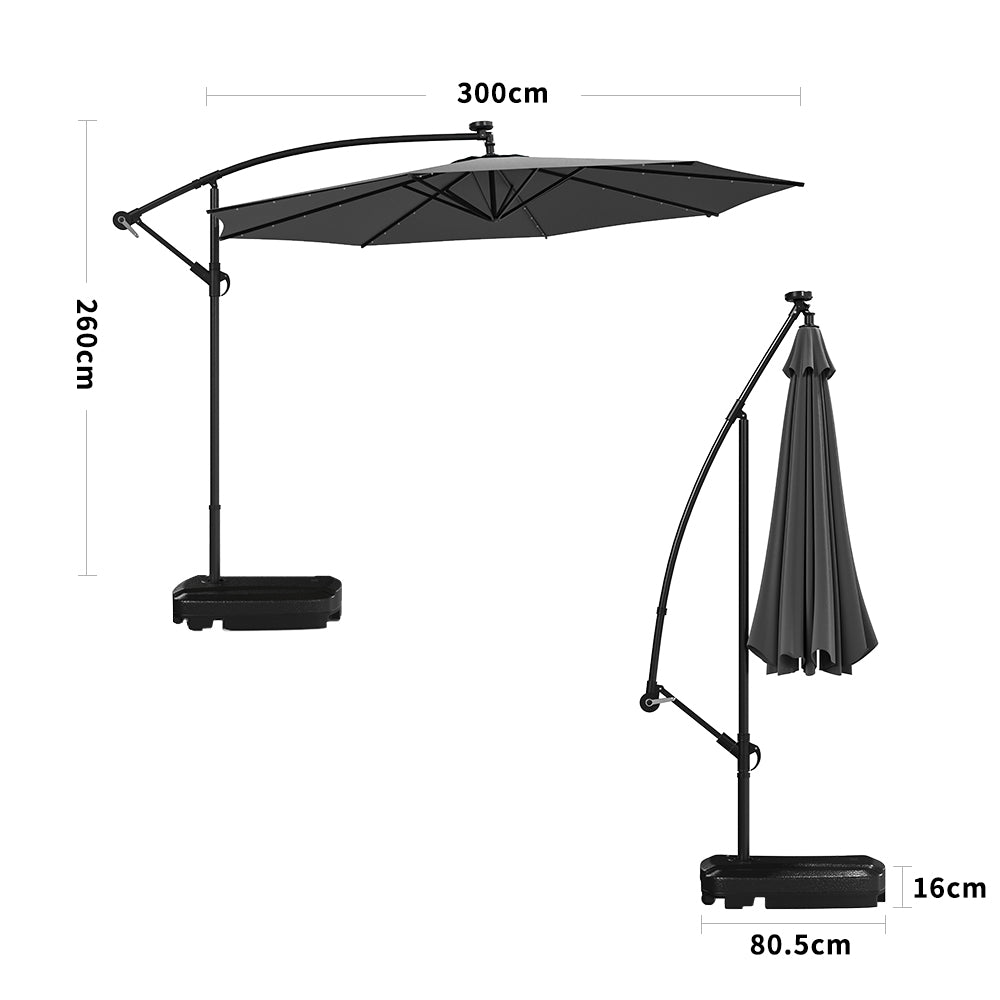 Ciemnoszary 3m żelazny parasol bananowy, parasol ogrodowy z wysięgnikiem i oświetleniem LED