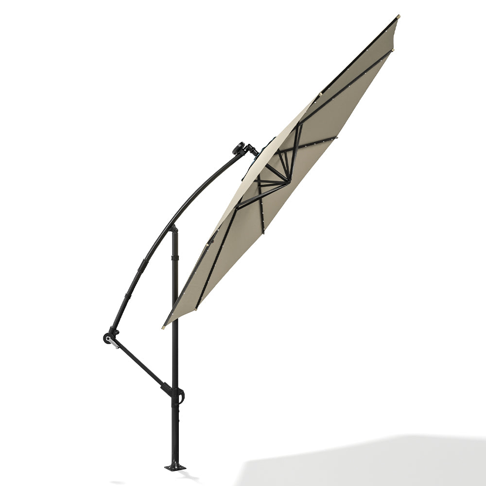 Beżowy 3m Żelazny Parasol Bananowy Wysięgnikowy Parasol Ogrodowy z Oświetleniem LED