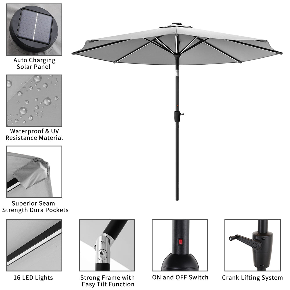 Light Grey 3M Lighted Market Sunbrella Umbrella with Solar Strip LED Lights