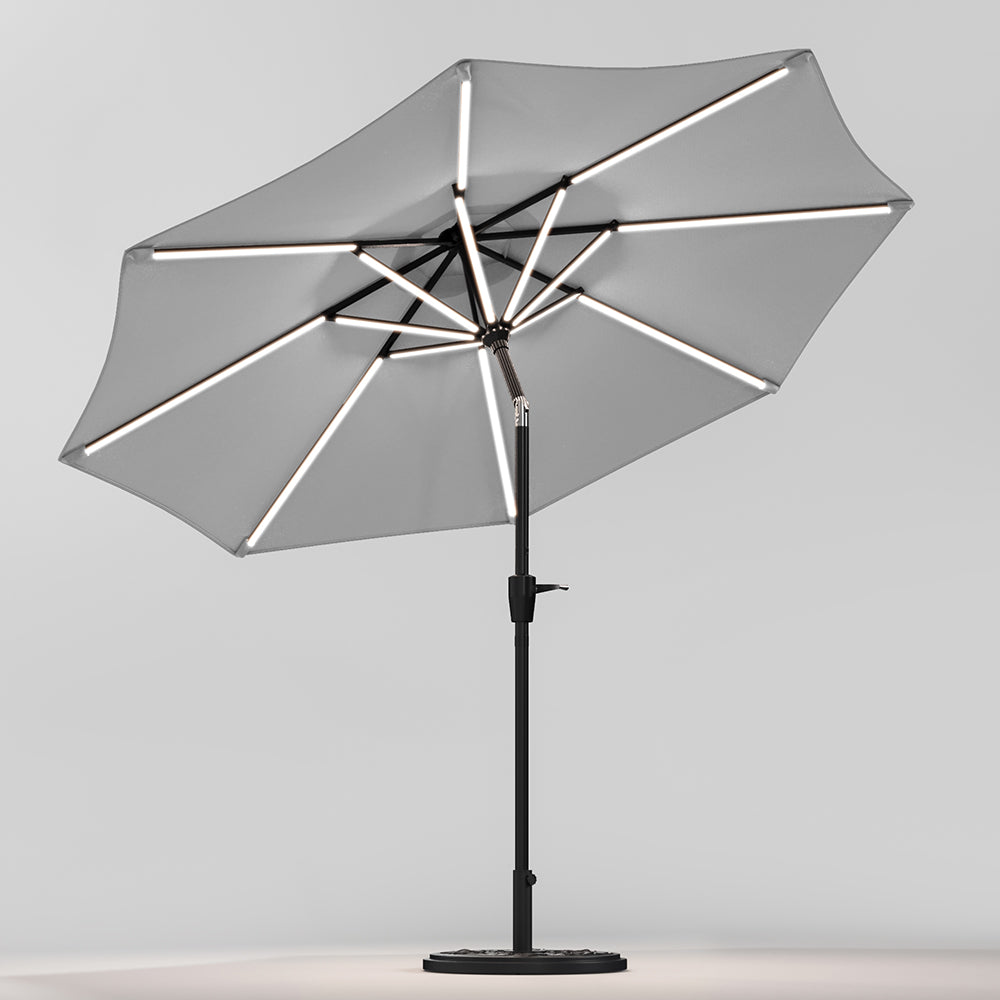 Light Grey 3M Lighted Market Sunbrella Umbrella with Solar Strip LED Lights
