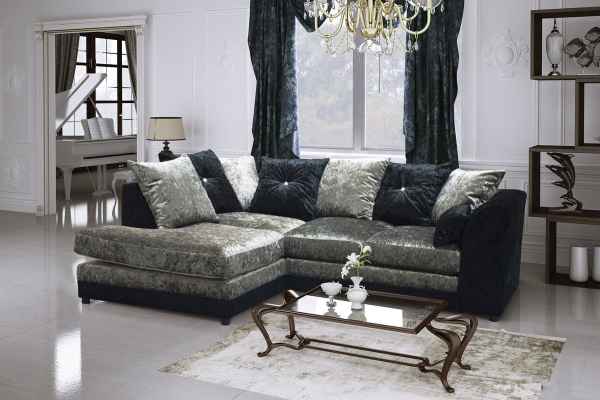 Narożna sofa Dyla Crushed Velvet - czarno-srebrna