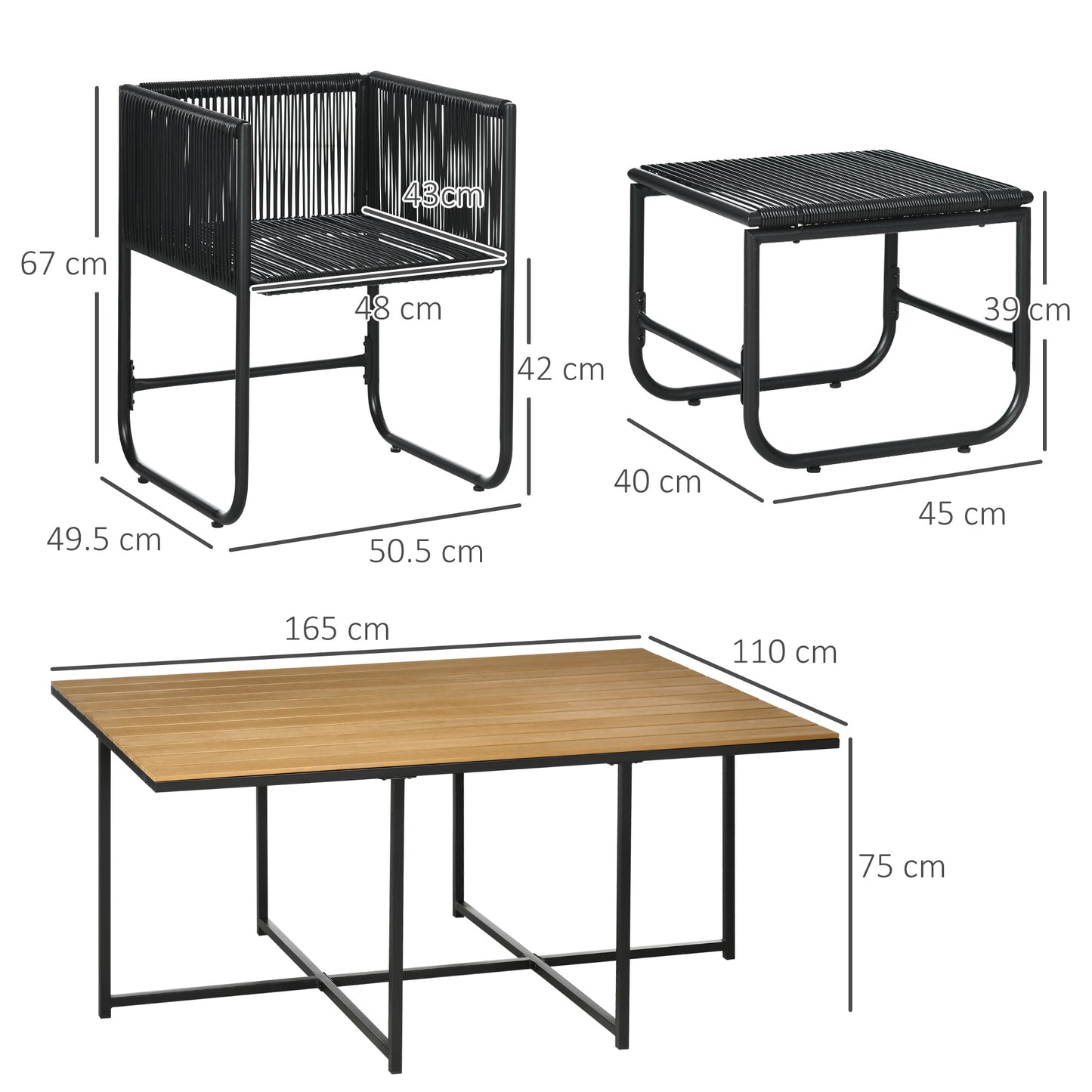 Zestaw mebli ogrodowych Outsunny 10 Seater Rattan Cube, zestaw jadalny z rattanu z poduszkami, stół jadalny i krzesła do użytku na zewnątrz z 6 fotelami, 4 stołkami, prostokątny stół z plastikowym blatem o strukturze drewna, czarny