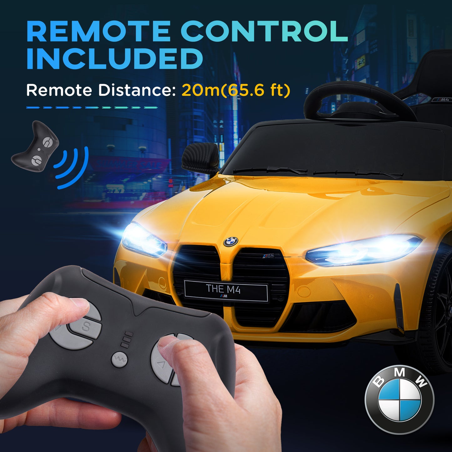 AIYAPLAY 12V BMW M4 Licencjonowany samochód dla dzieci z łatwym transportem, pilotem, zawieszeniem, muzyką, klaksonem, światłami LED, żółty