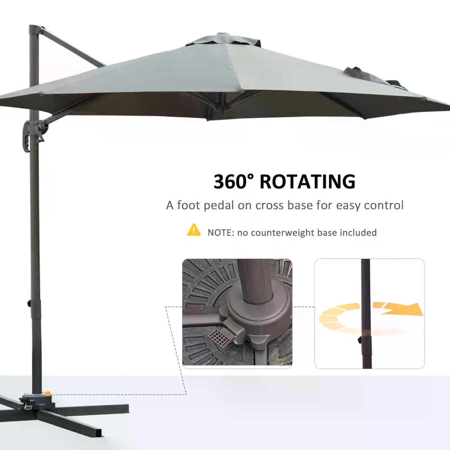 Outsunny 3(m) Parasol wiszący z wysięgnikiem, obrotowy 360° z podstawą w kolorze ciemnoszarym