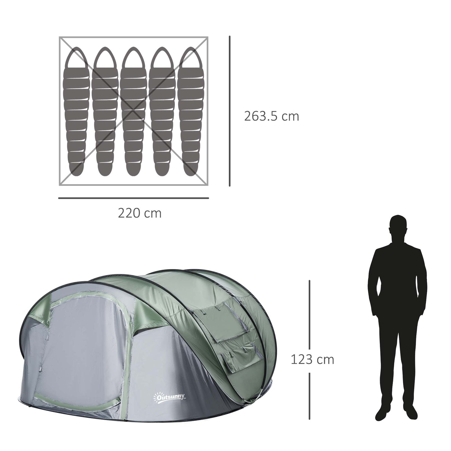 Outsunny 4-5 Person Pop-up Camping Tent Waterproof Family Tent w/ 2 Mesh Windows & PVC Windows Portable Carry Bag for Outdoor Trip, Dark Green