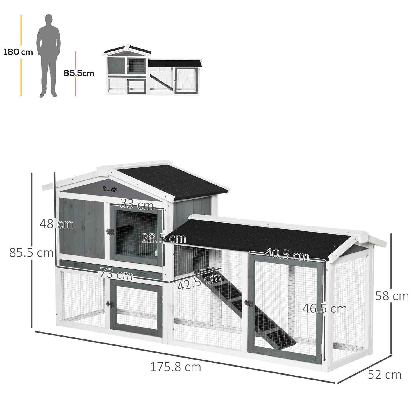 PawHut Rabbit Hutch Outdoor, 2-poziomowa klatka dla świnki morskiej, drewniany domek dla małych zwierząt z wybiegiem dla królików, wysuwana taca, rampa, 175,8 x 52 x 85,5 cm, biały