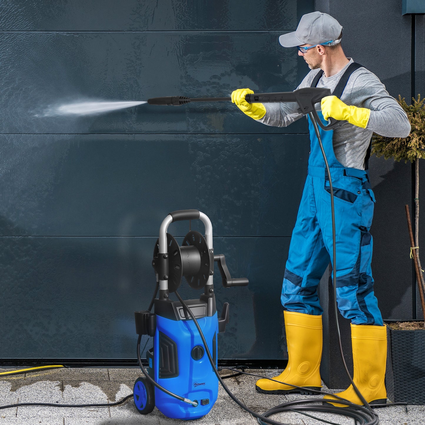 Outsunny 1800W High Pressure Washer, 150 Bar Pressure, 420 L/h Flow, Portable Power Washer Jet Wash Cleaner with Adjustable Nozzle, 6M Hose, Hose Reel, Steel Handle for Home Patio Car Driveway, Blue