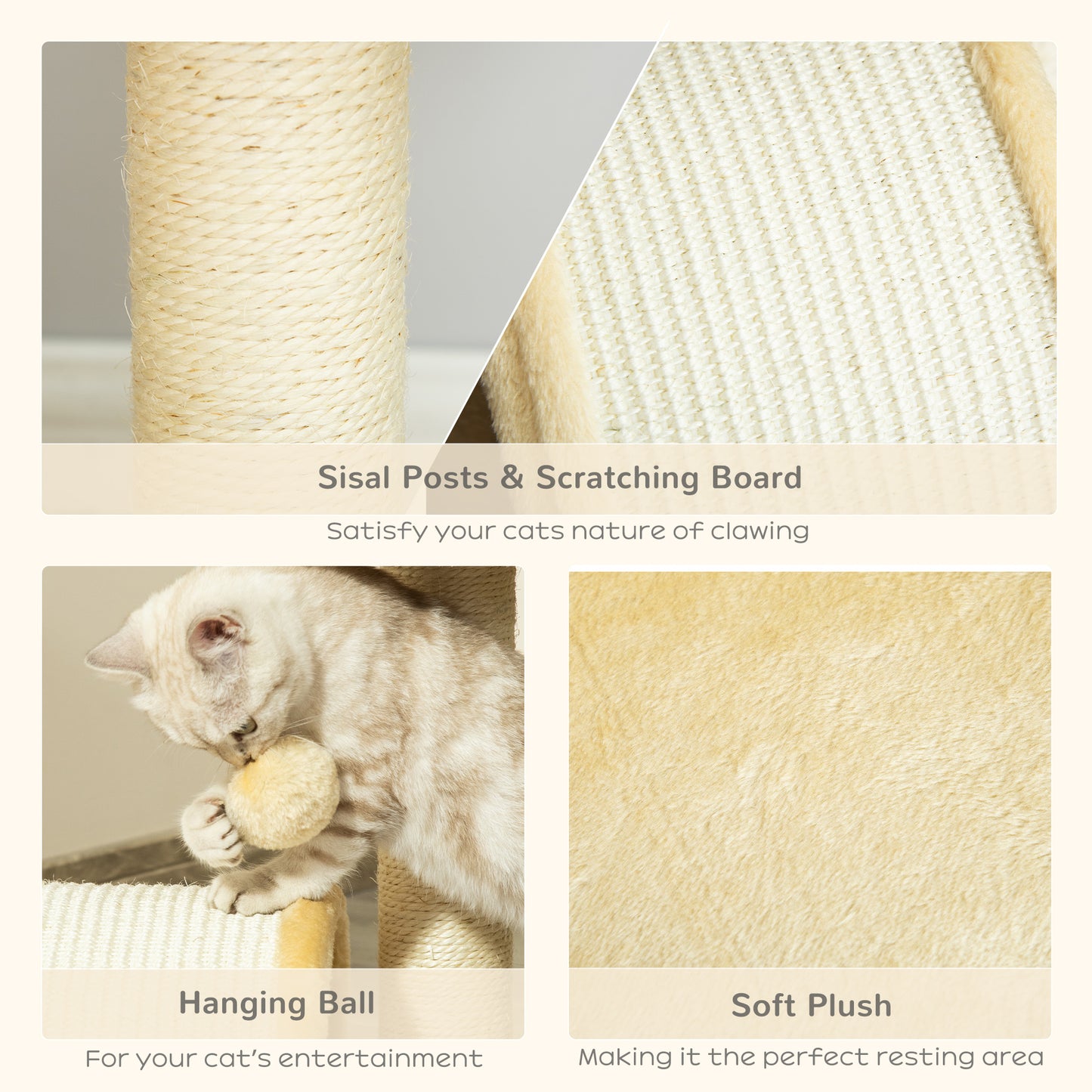 PawHut Cat Tree Scratching Scratcher Post Kitten Activity Centre Climber Hanging Ball Beige