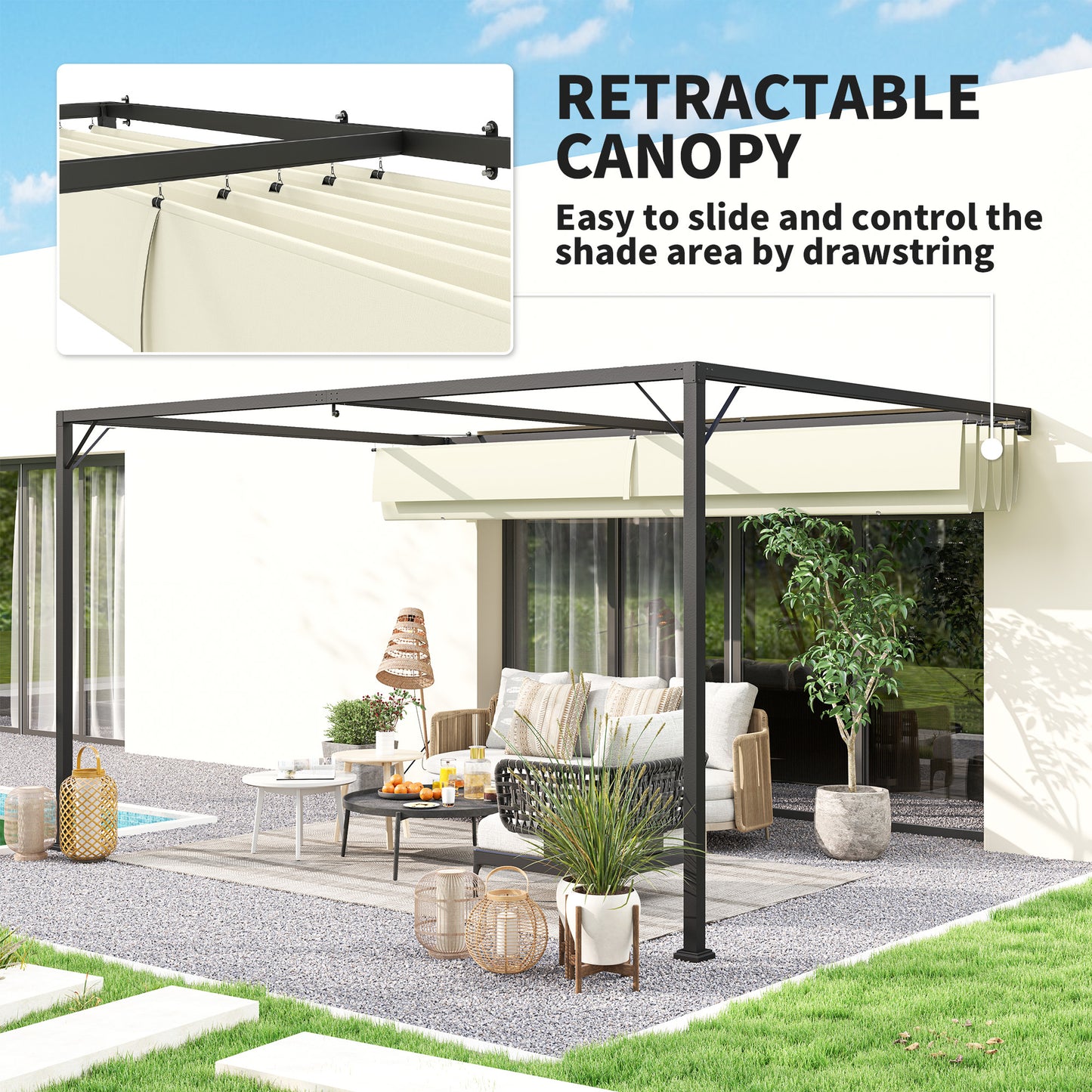 Outsunny 4 x 3(m) Pergola zewnętrzna z chowanym baldachimem, montowana na ścianie, zadaszenie tarasu, osłona przeciwsłoneczna, kremowo-biała