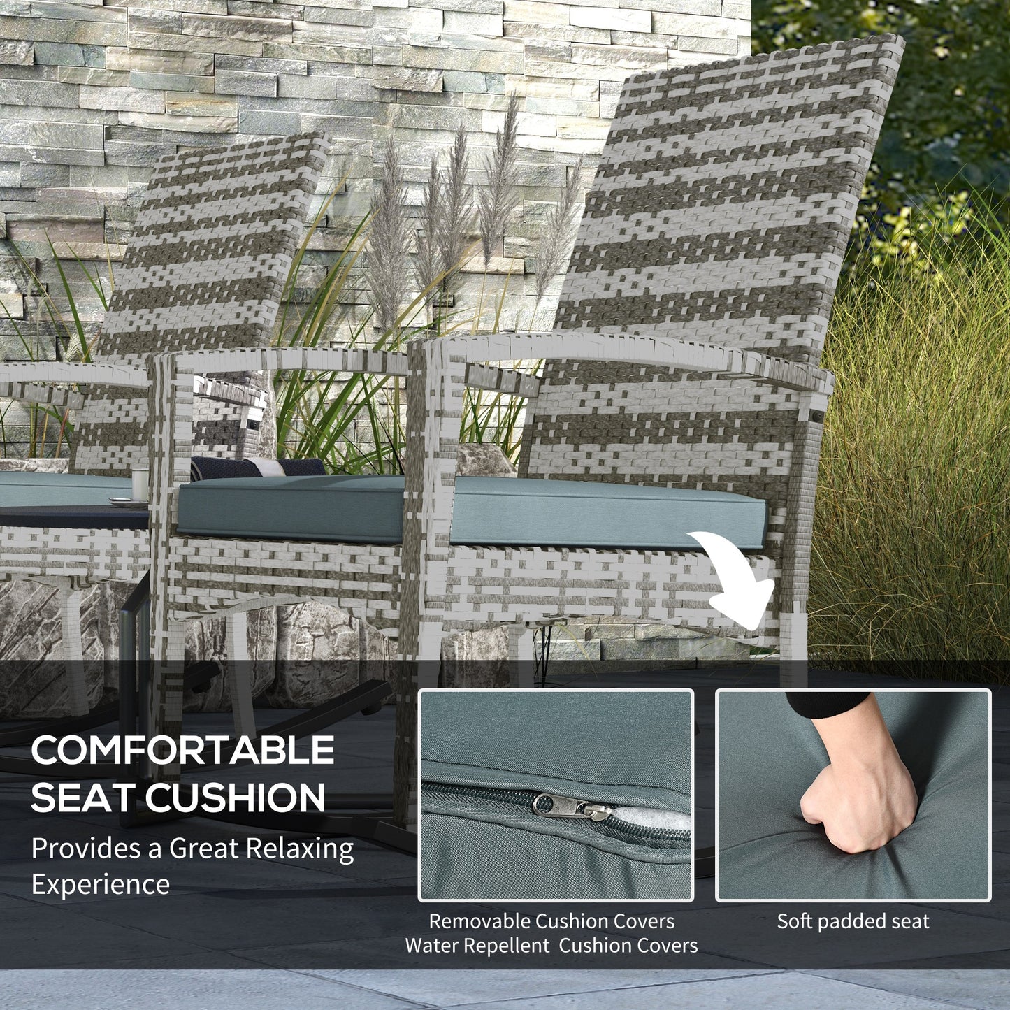 Outsunny Outdoor PE Rattan Rocking Chair Set of 2, Zestaw ogrodowych bujanych krzeseł z podłokietnikiem i poduszką, jasnoszary