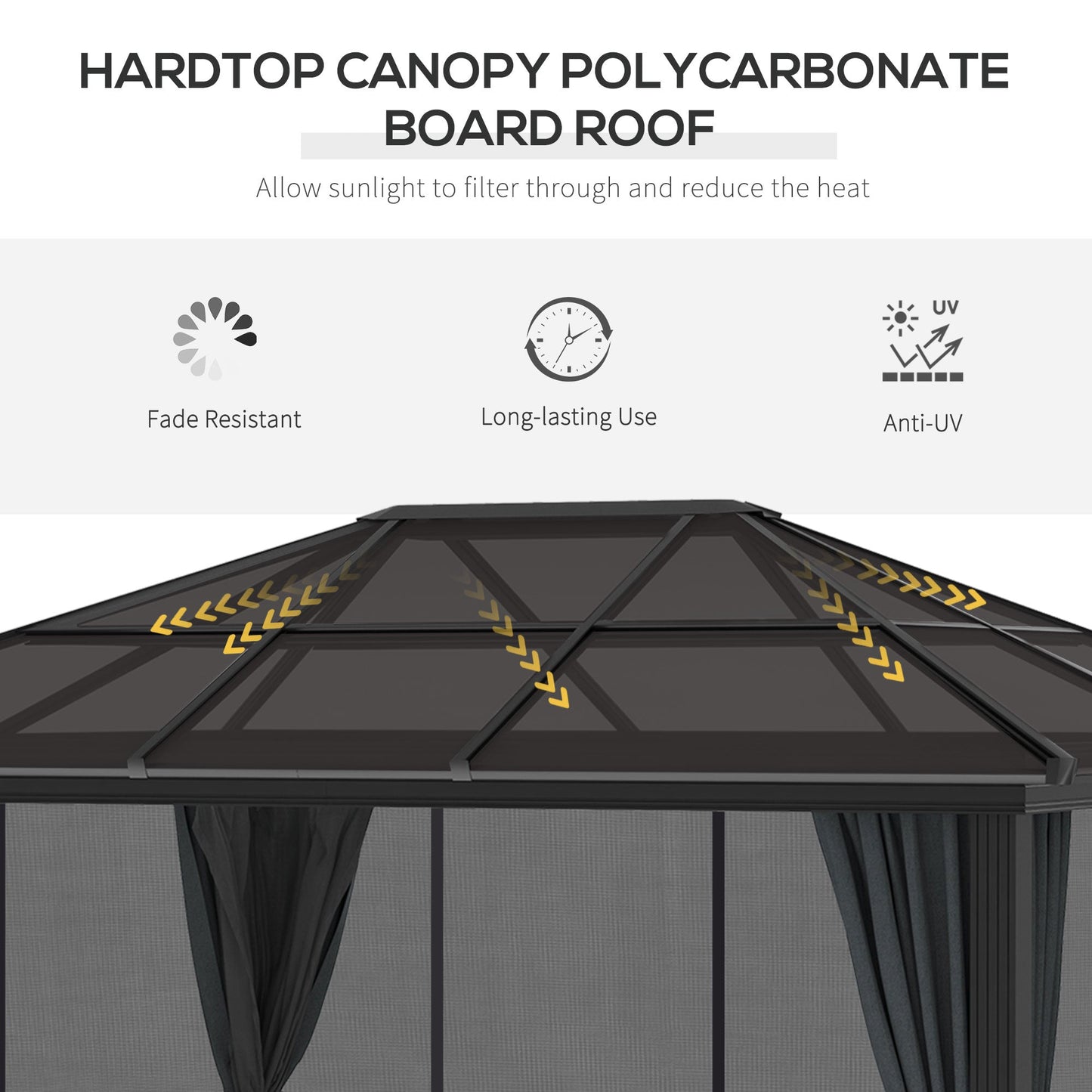 Outsunny 3 x 3,6 m Hardtop Gazebo z dachem z poliwęglanu, aluminiowa rama, stały pawilon ogrodowy z siatką i zasłonami na patio, pokład, ciemnoszary