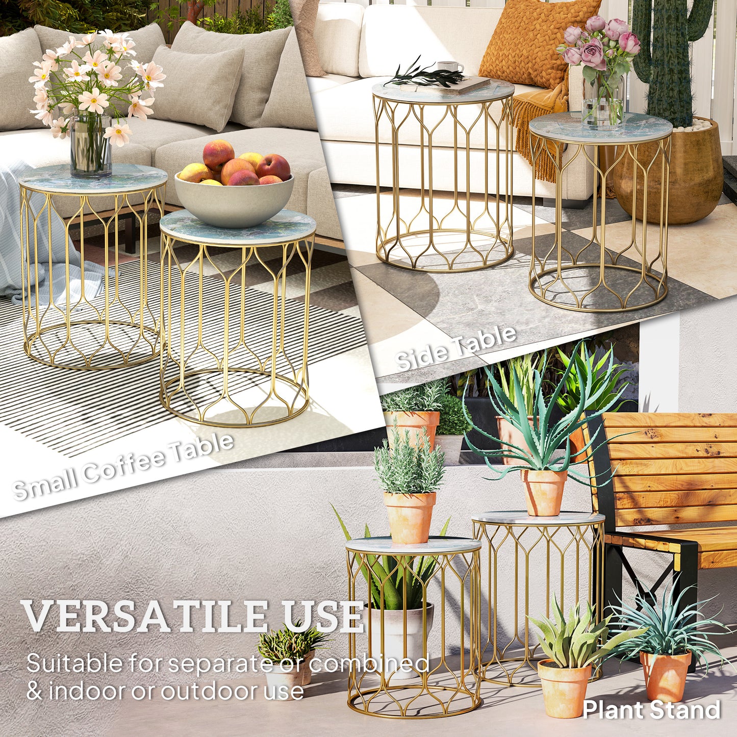 Zestaw 2 stolików bocznych Outsunny Garden Side Table, stoliki wsuwane z blatem z płytek ceramicznych, małe stoliki ogrodowe do użytku wewnątrz i na zewnątrz, wielofunkcyjne stoliki boczne z metalową ramą na patio, balkon, werandę, wielokolorowe