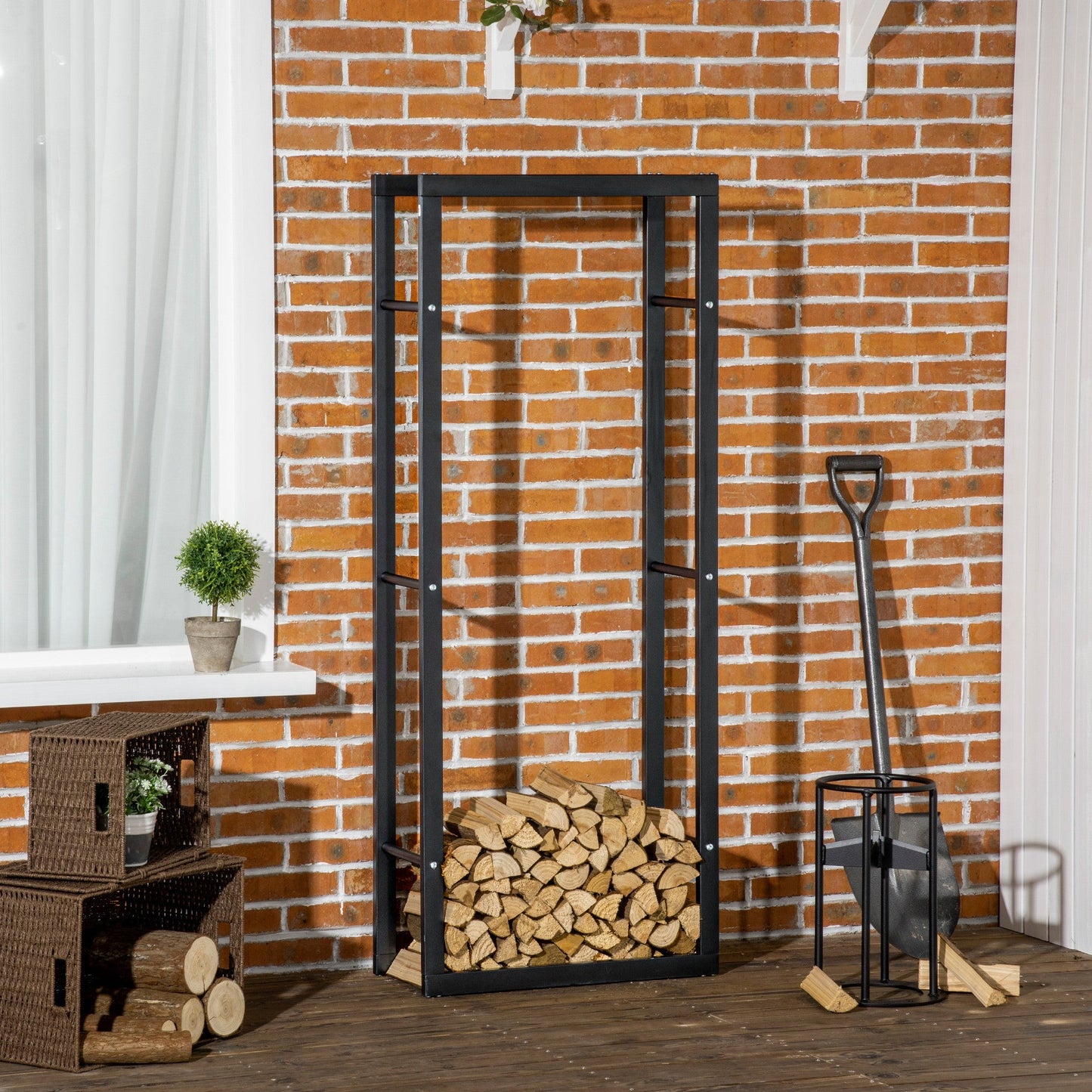 HOMCOM Metalowy stojak na drewno opałowe, wysoki stojak na drewno opałowe, do wewnątrz i na zewnątrz, półka do przechowywania drewna kominkowego, czarny, 60 szer. x 25 gł. x 150 wys. cm