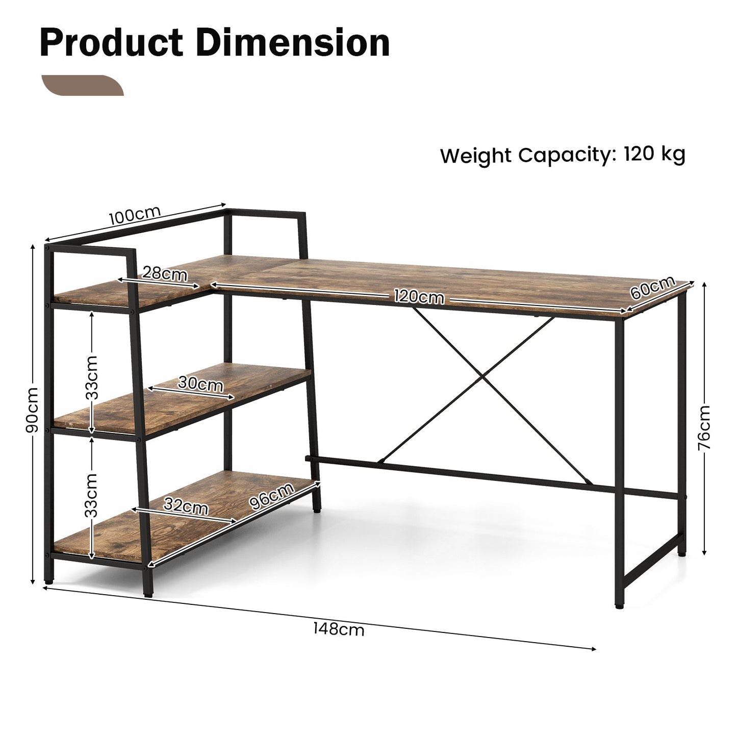 Reversible L-Shaped Computer Desk with Open Storage Shelves-Rustic Brown