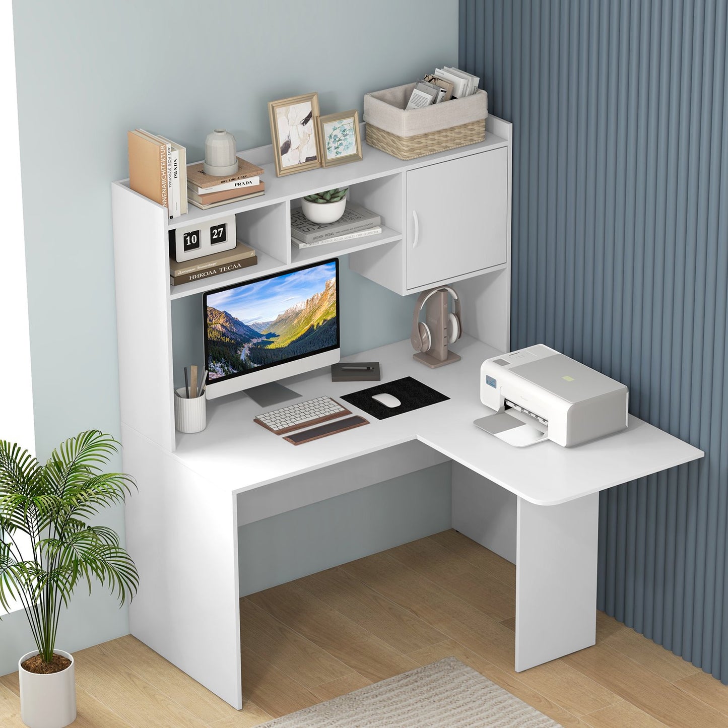 L-Shaped Desk with Open Storage Hutch and Shelves Cabinet-White