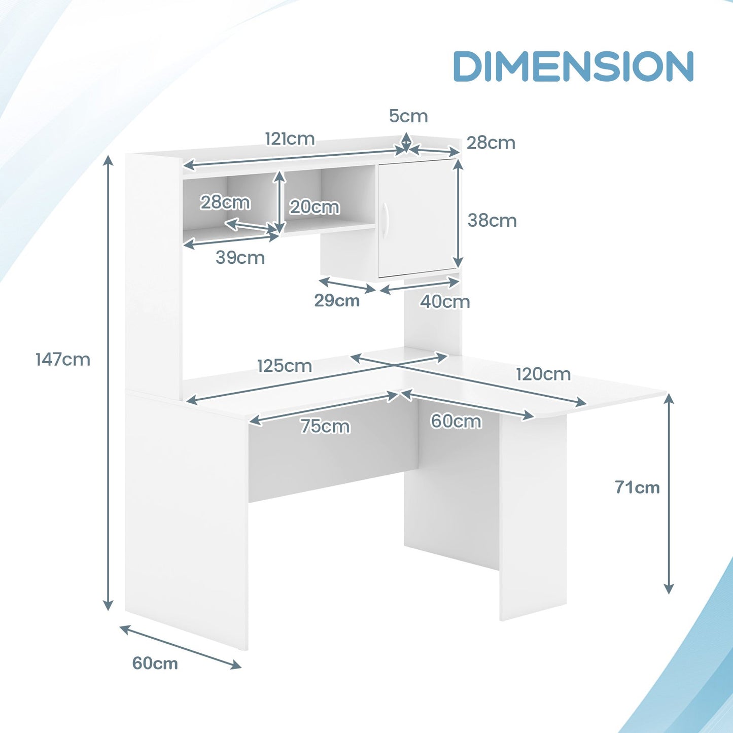 L-Shaped Desk with Open Storage Hutch and Shelves Cabinet-White