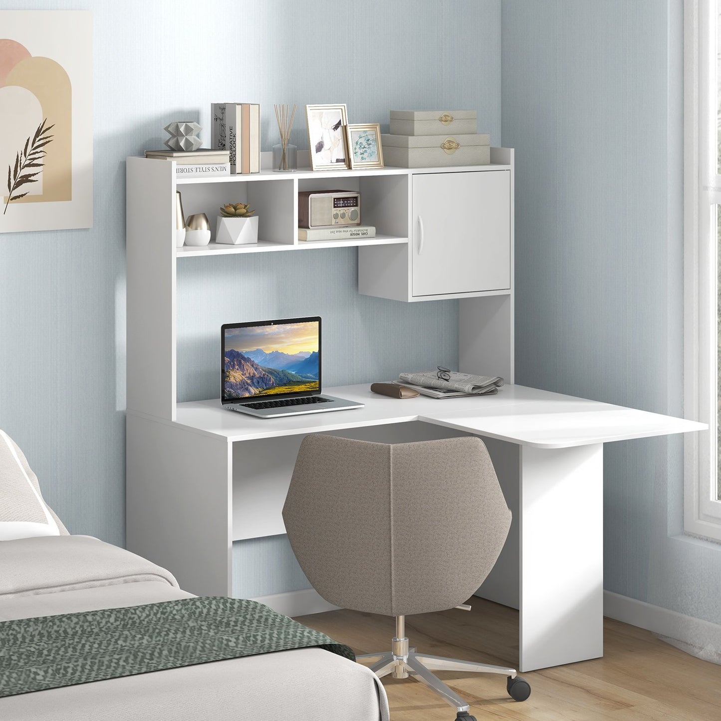 L-Shaped Desk with Open Storage Hutch and Shelves Cabinet-White