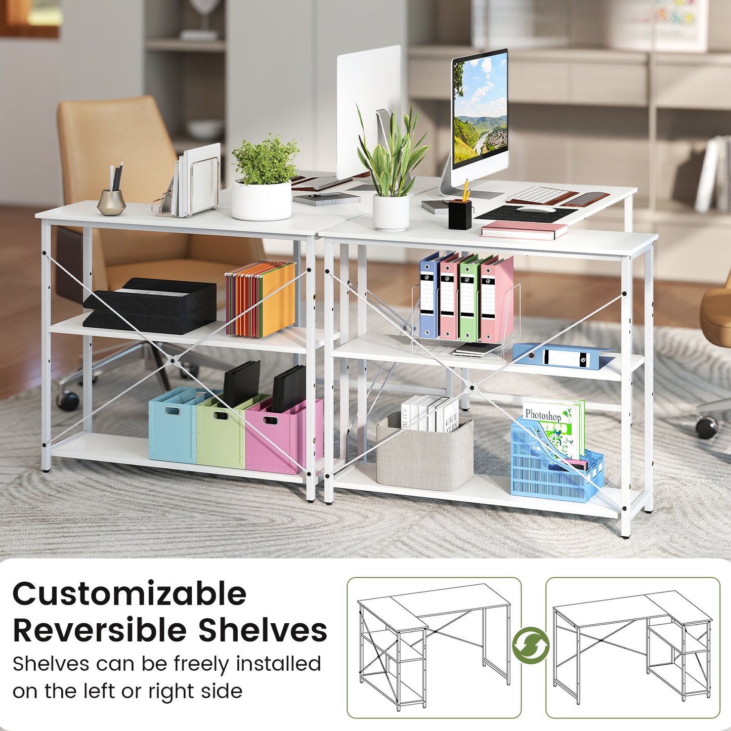 L-shaped Computer Desk Reversible Corner Desk with Adjustable Shelf-White