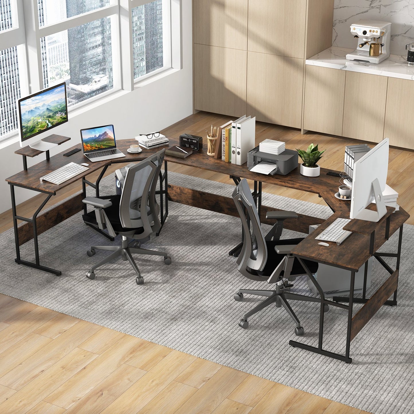 L-shaped Desk Corner Computer Desk with Movable Monitor Stand-Rustic Brown