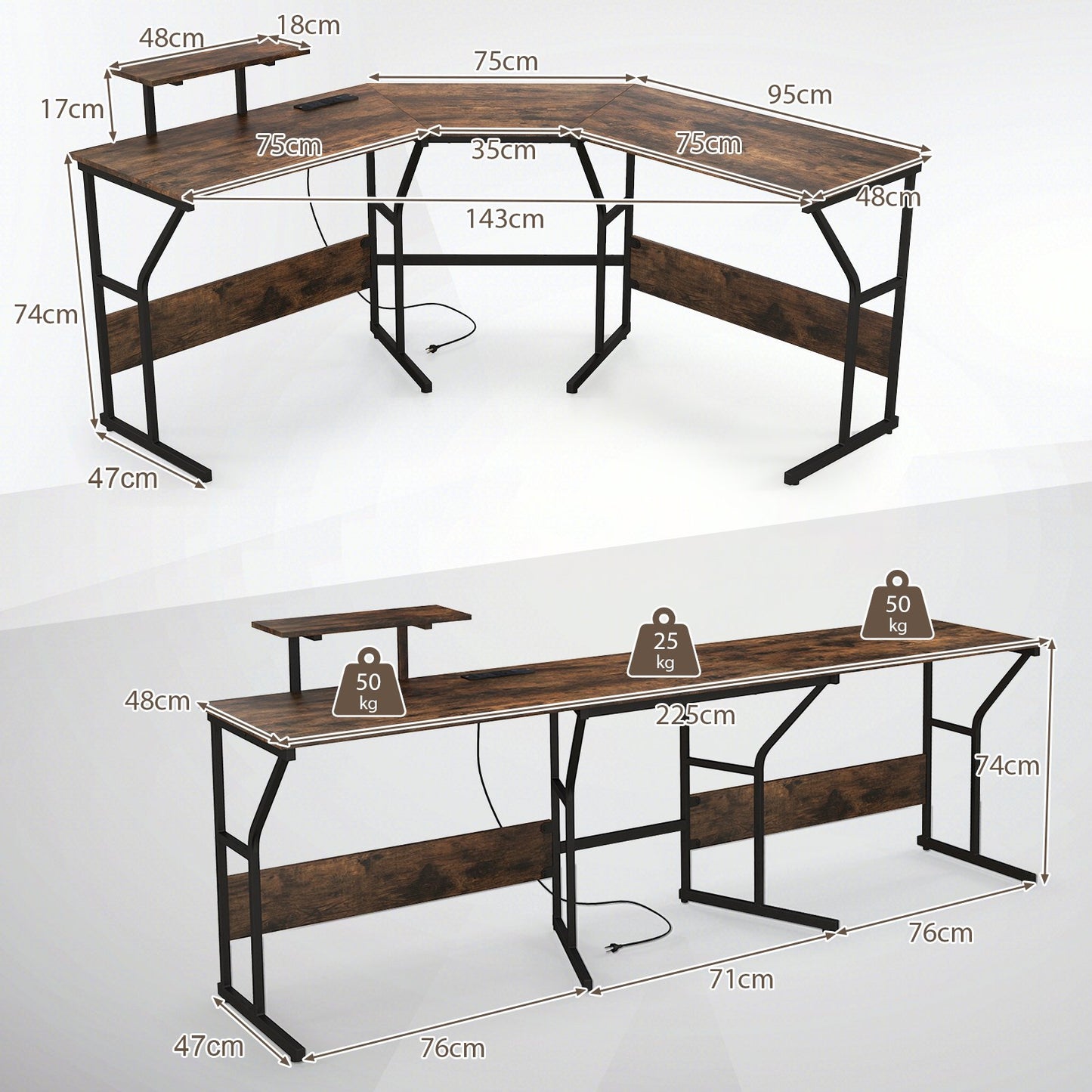 L-shaped Desk Corner Computer Desk with Movable Monitor Stand-Rustic Brown