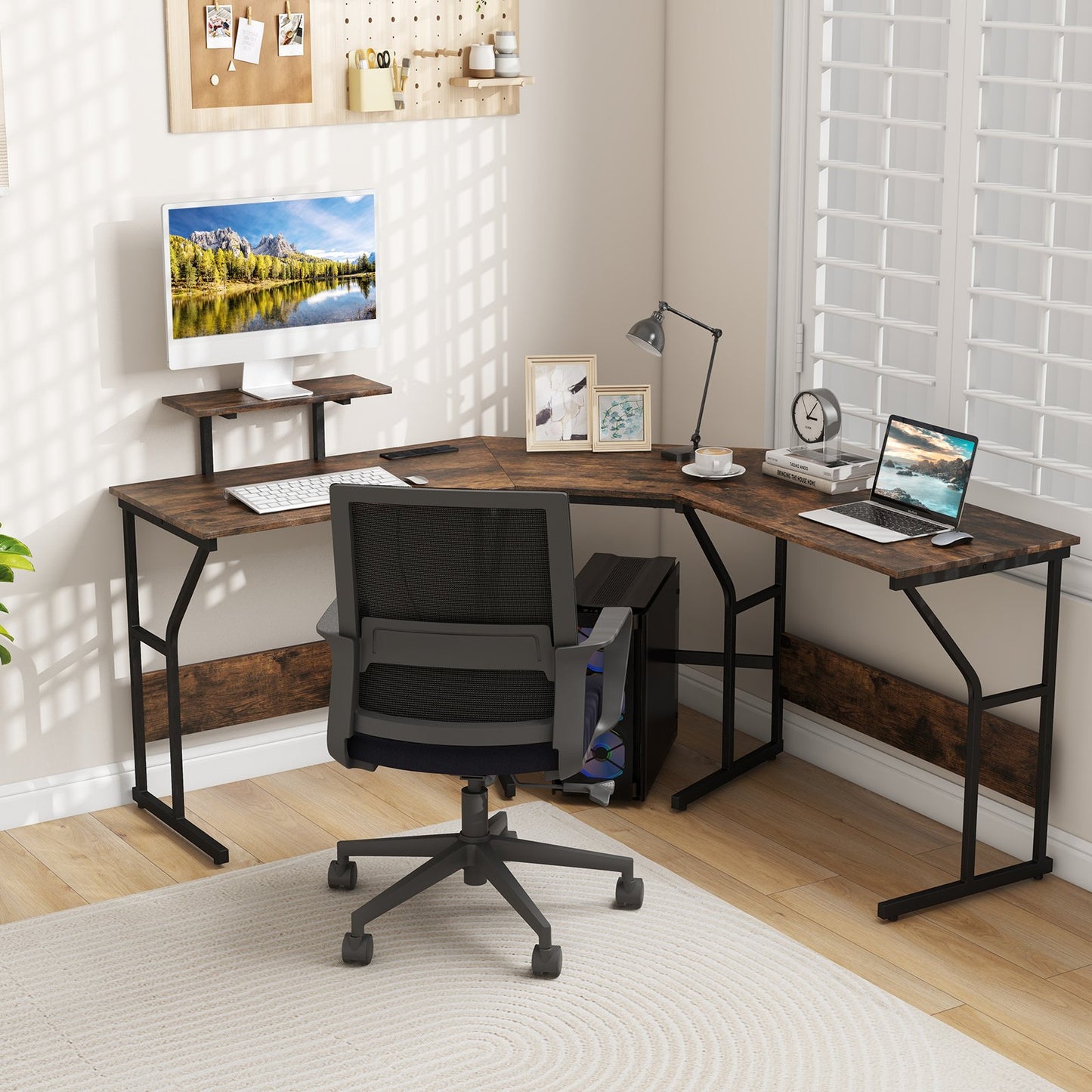 L-shaped Desk Corner Computer Desk with Movable Monitor Stand-Rustic Brown