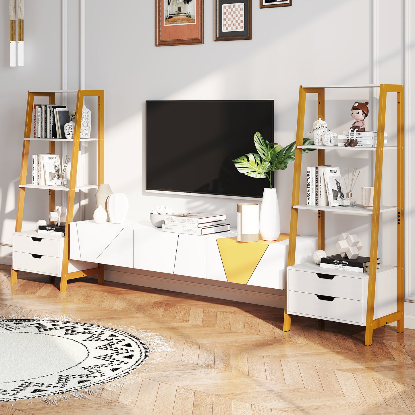 Ladder Bookshelf Tall Freestanding Display Rack with Storage-White