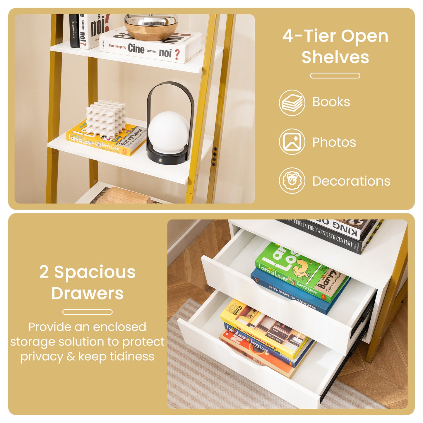 Ladder Bookshelf Tall Freestanding Display Rack with Storage-White