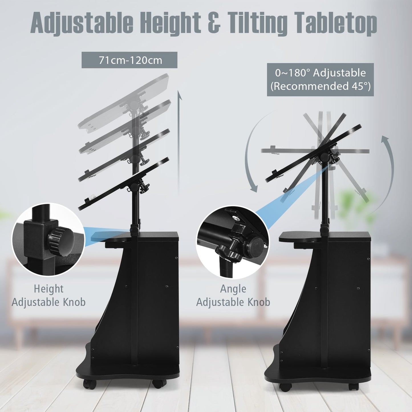 Laptop Cart Height Adjustable with Wheels-Black