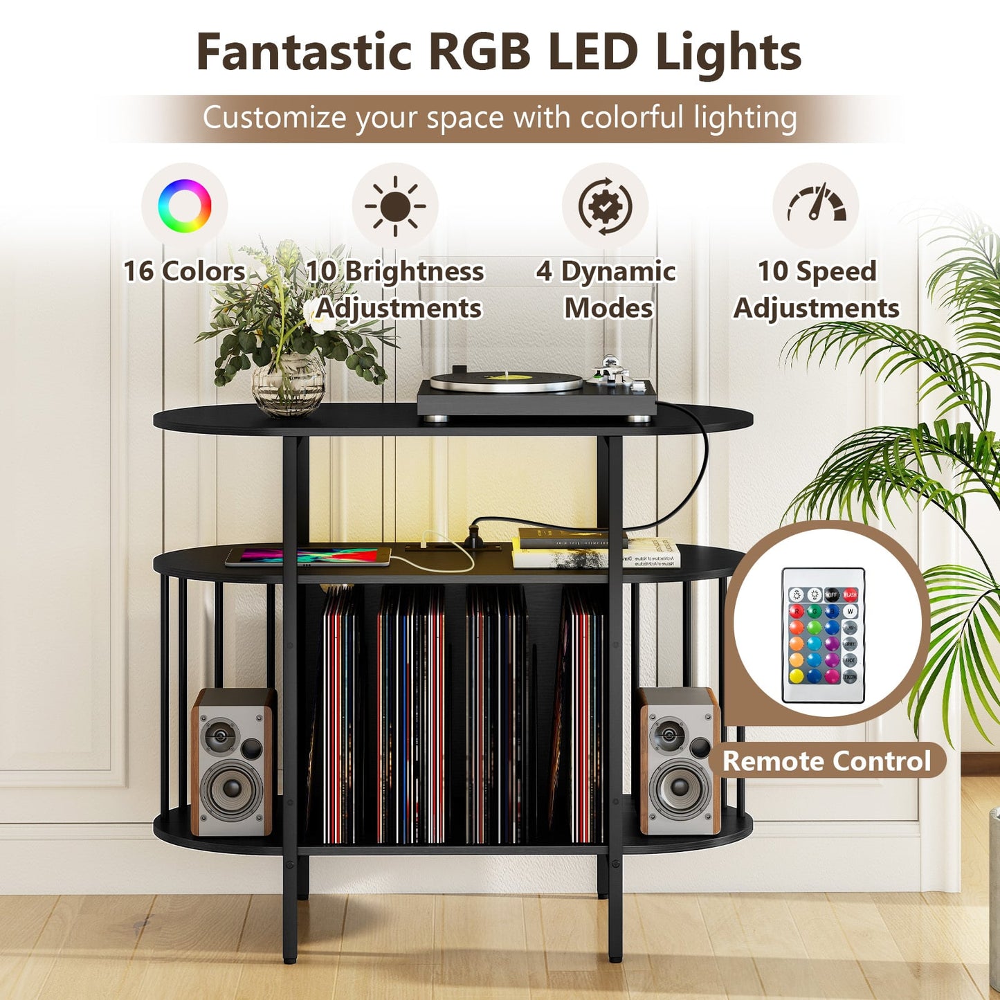 Large Record Player Stand w/LED Lights Charging Station & Display Shelves for Music Corner-Black