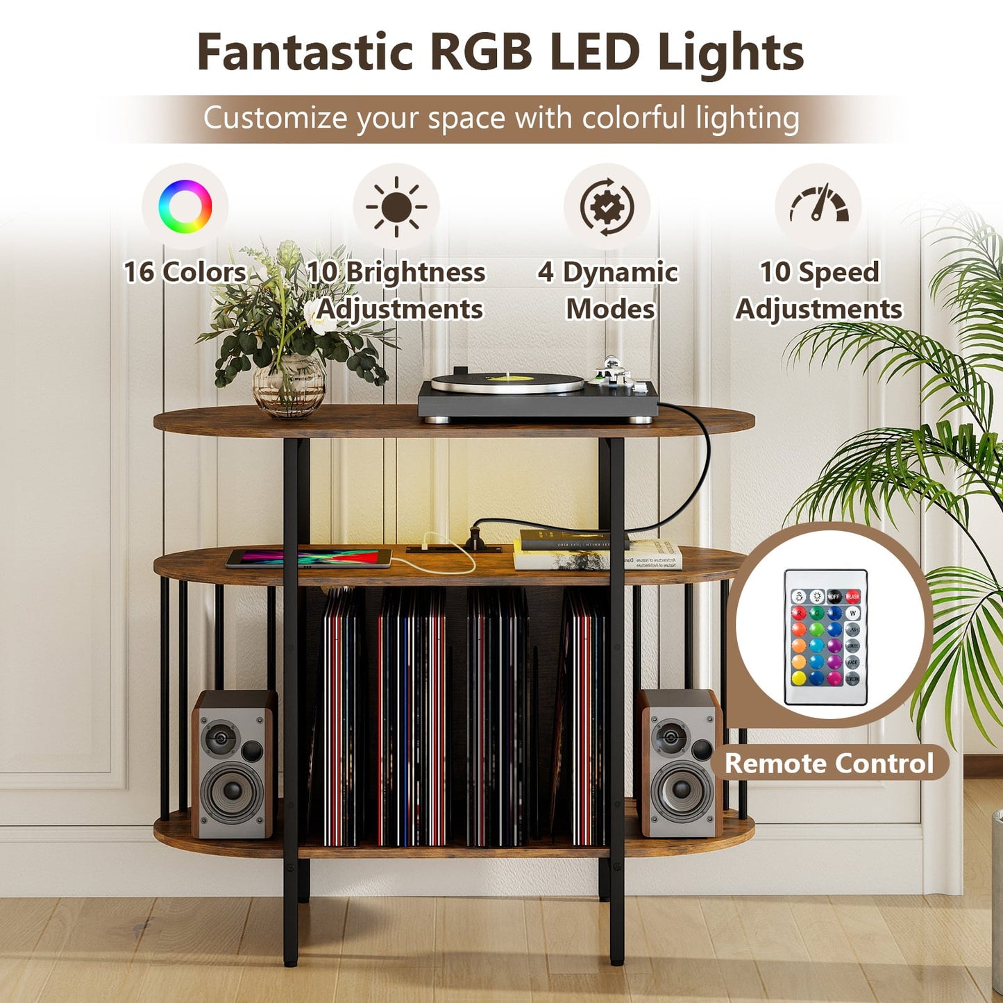 Large Record Player Stand w/LED Lights Charging Station & Display Shelves for Music Corner-Rustic Brown