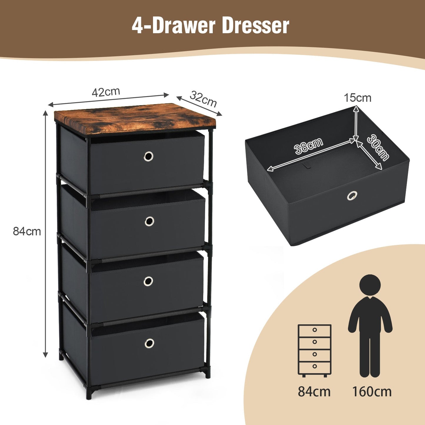 4-Tier Fabric Dresser with Drawers and Metal Frame-Black