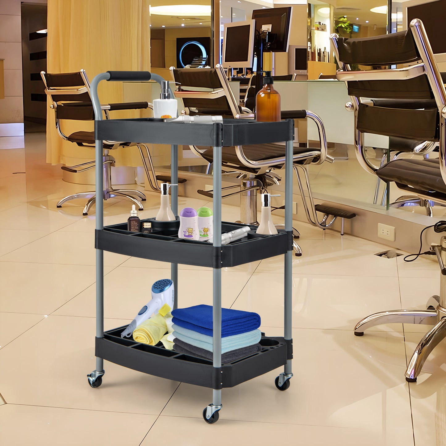 Large Capacity Utility Cart with Multiple Divider, Sponged Handle and Swivel Wheel-Black