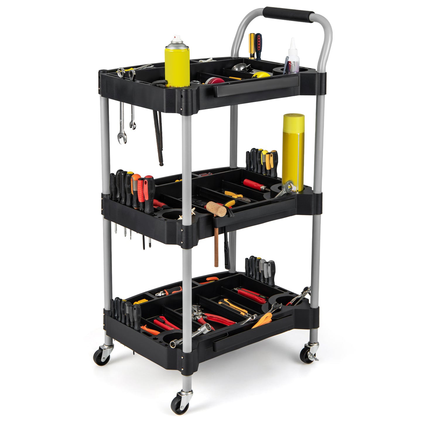 Large Capacity Utility Cart with Multiple Divider, Sponged Handle and Swivel Wheel-Black