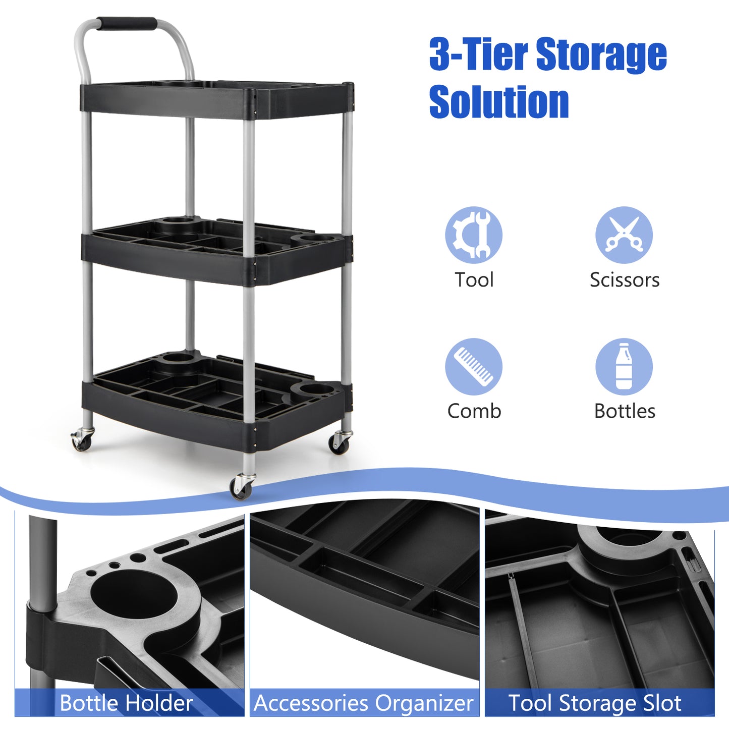 Large Capacity Utility Cart with Multiple Divider, Sponged Handle and Swivel Wheel-Black