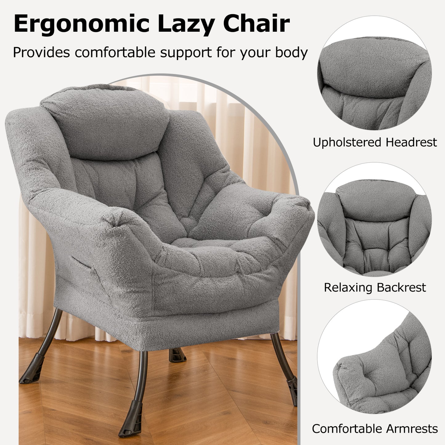 Large Lazy Chair with Cozy Head Pillow and Storage Pocket-Grey