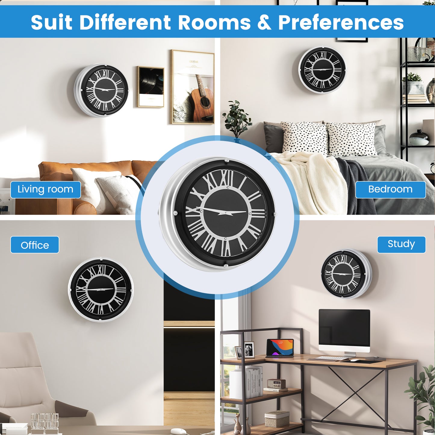 14/17.5 Inch Silent Wall Clock with Silver Frame-S